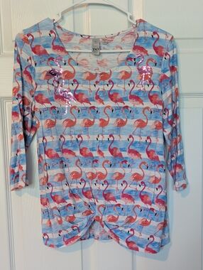 Womens Small Blue & Pink Flamingo Print Top with Sequins 3/4 Sleeve